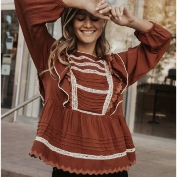 Bohme Peasant Top Size S Burnt Orange Ruffled Knit Lace Trim Cottagecore Boho - Picture 2 of 13